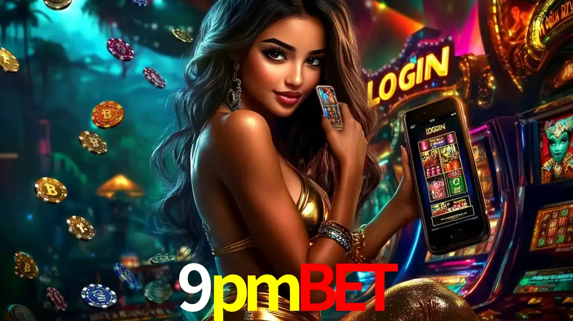 Mulher em um cenário de cassino temático de aventura, mostrando o app de caça-níqueis da 9pmbet no celular. Fichas de apostas flutuam ao redor.